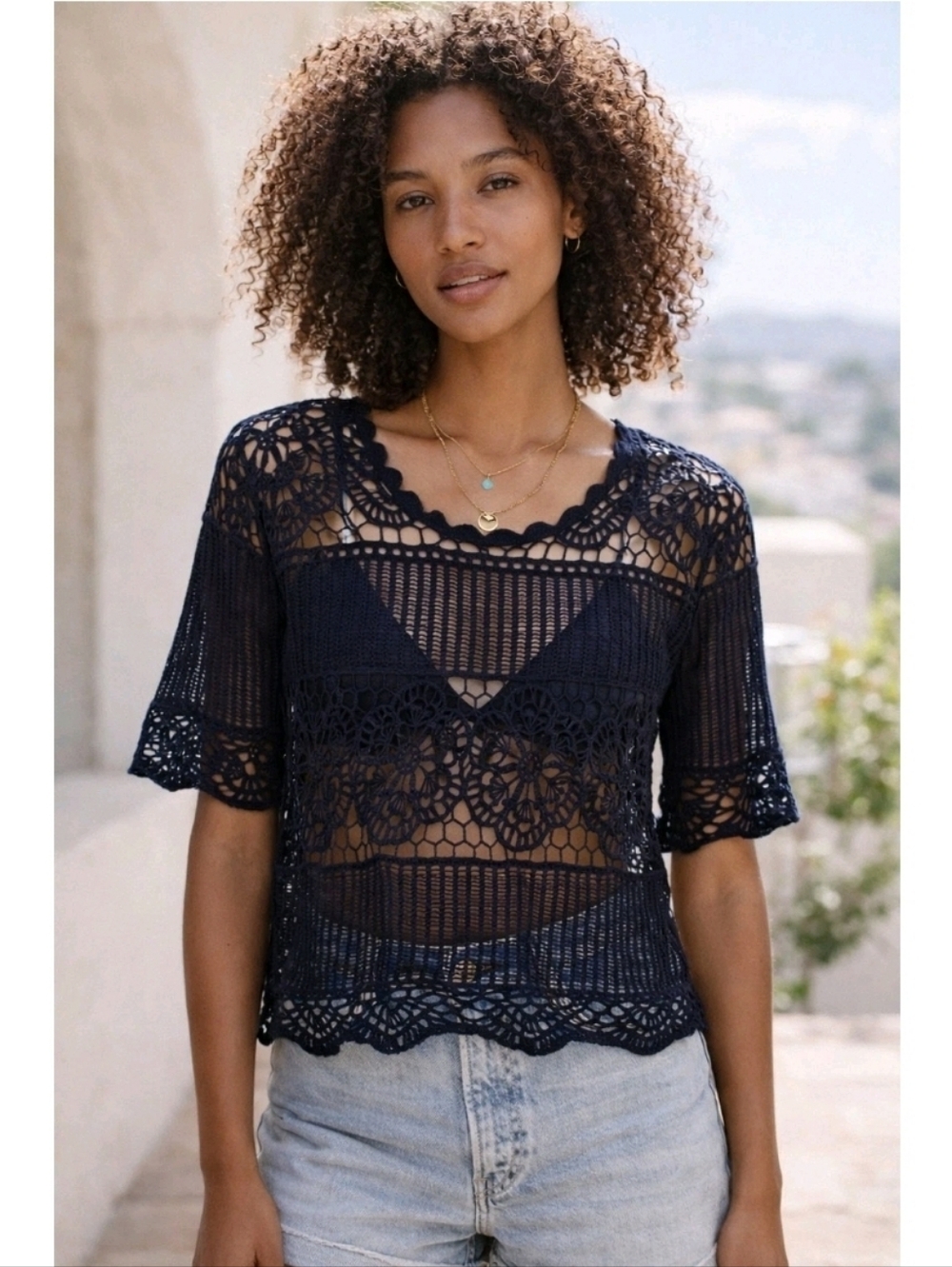 Anthropologie James Coviello Navy Blue Crochet Top Sheer Short Sleeve Size XS